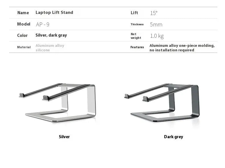 Black aluminium alloy laptop stand on a desk, showing its raised platform and dimensions.