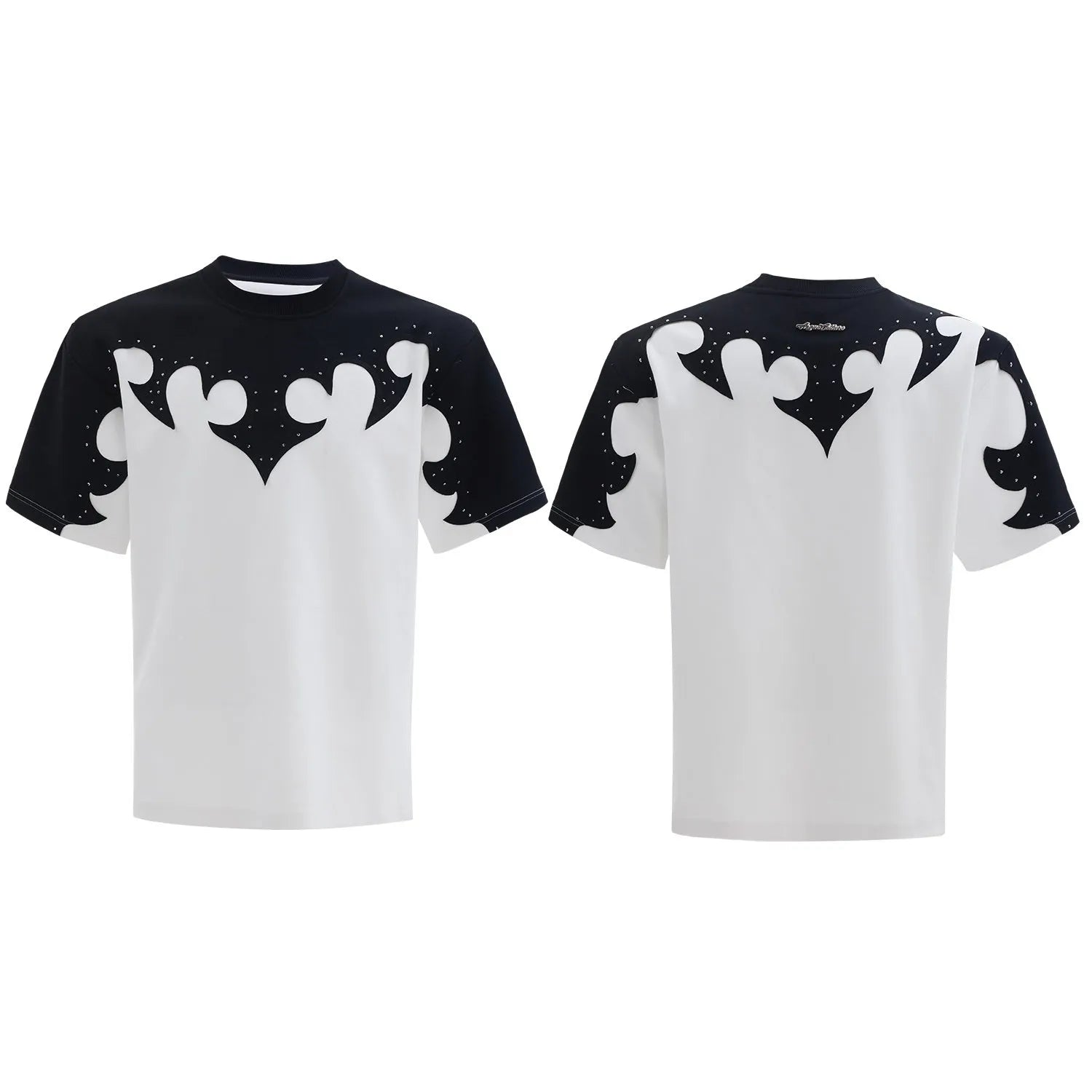 Men's grey cotton t-shirt with burnt flower stitching and rhinestone decoration on short sleeves