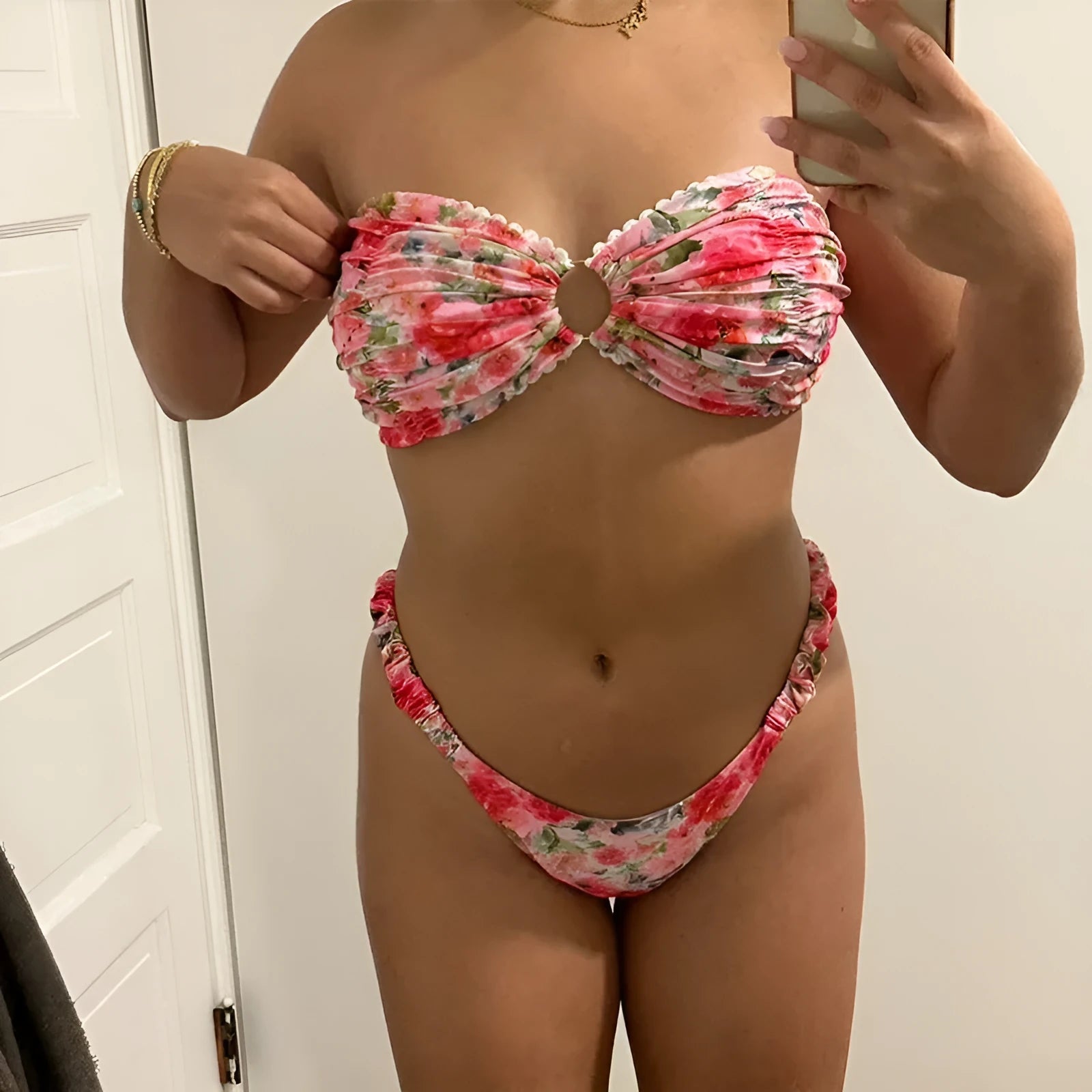 Women's tube top bikini swimsuit with lace detailing in floral print