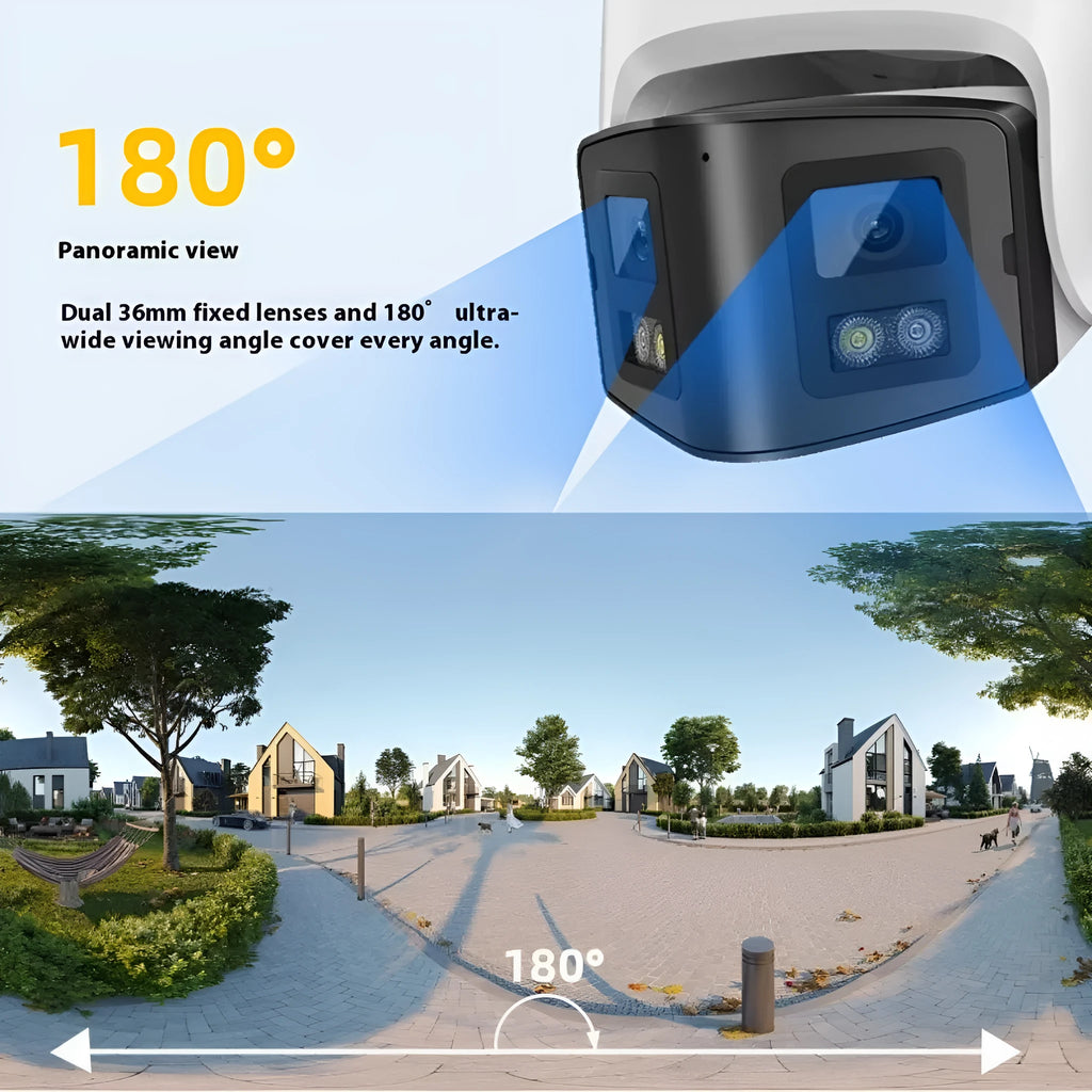 4MP dual-lens IP security camera with panoramic view and IP66 waterproof housing