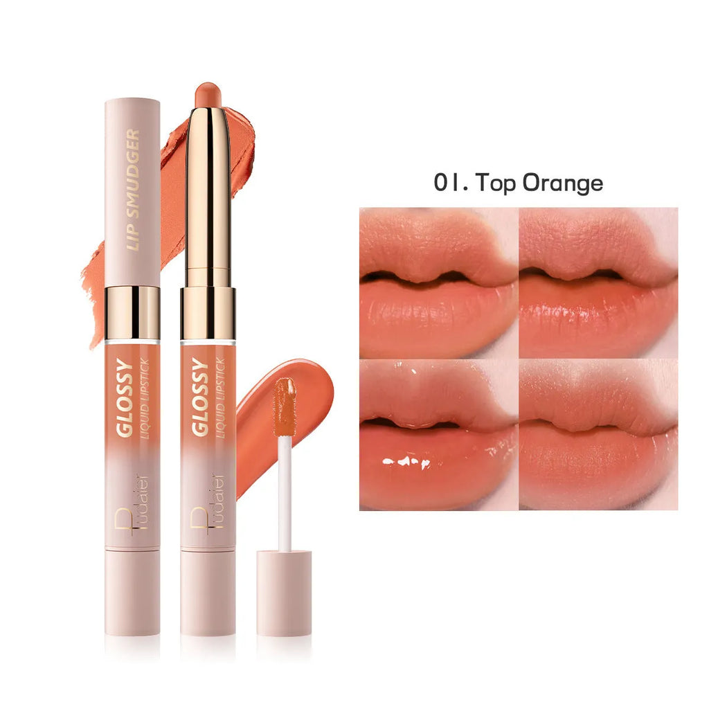 Double-headed lipstick lip gloss showing two matte colour ends with ten shade options from 01 to 10