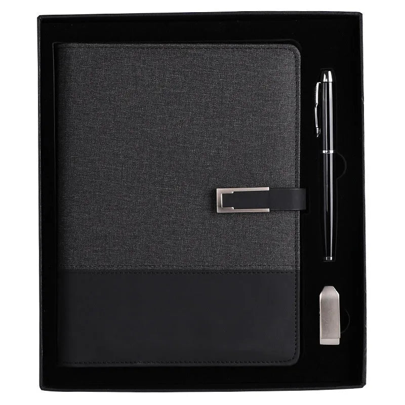 A5 soft PU leather notebook in brown, open on thick wood-free paper.