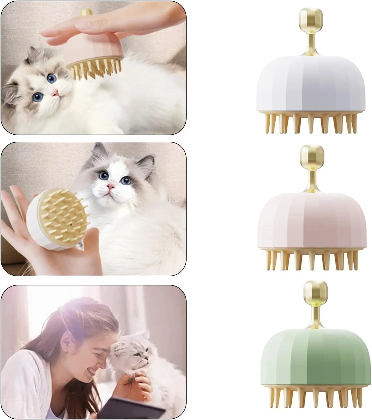 Green pet bath massage brush with dual-sided head and drain holes for dog and cat grooming