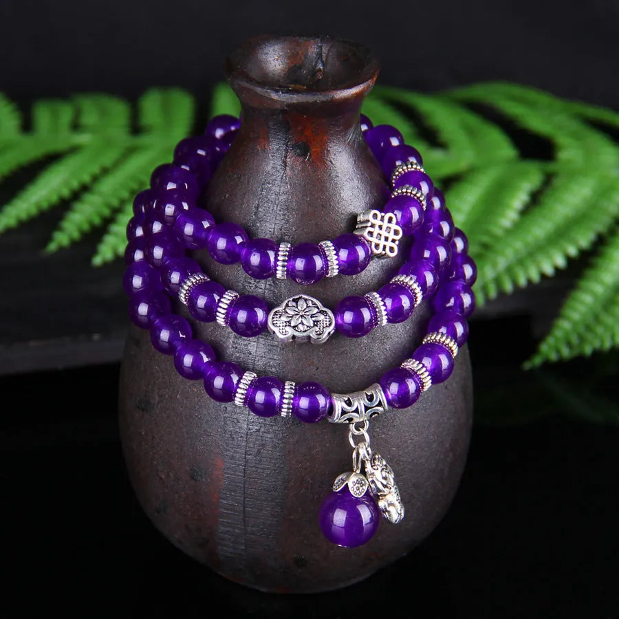 Natural purple chalcedony bracelet with three-circle ethnic design for women
