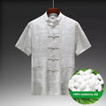 Traditional Chinese-style men's Tang suit in mulberry silk fabric showing white, light green and navy blue colour options