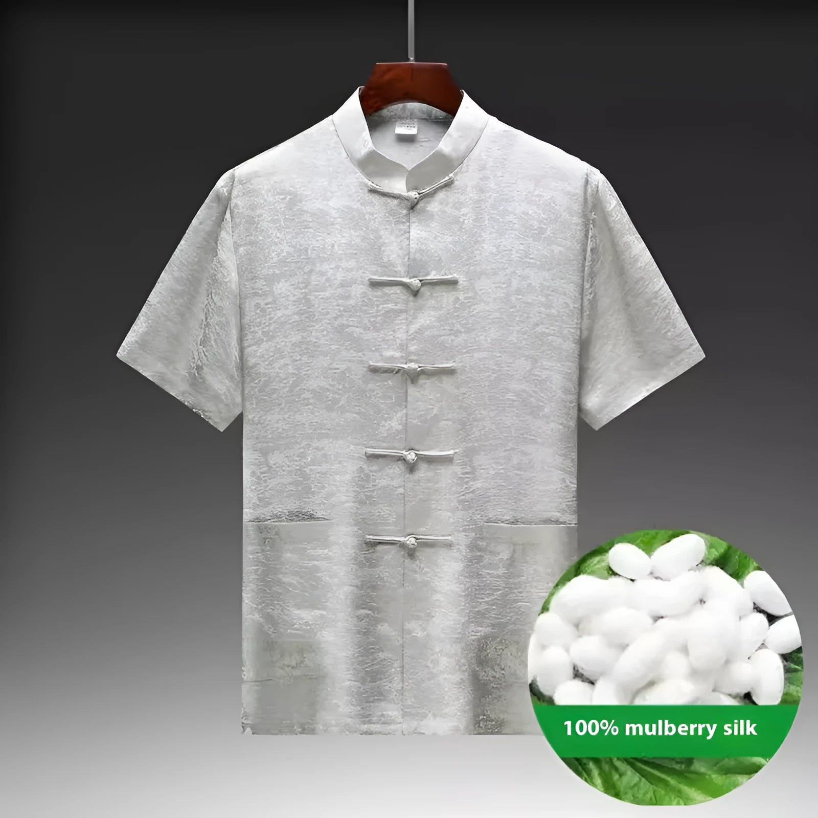 Traditional Chinese-style men's Tang suit in mulberry silk fabric showing white, light green and navy blue colour options
