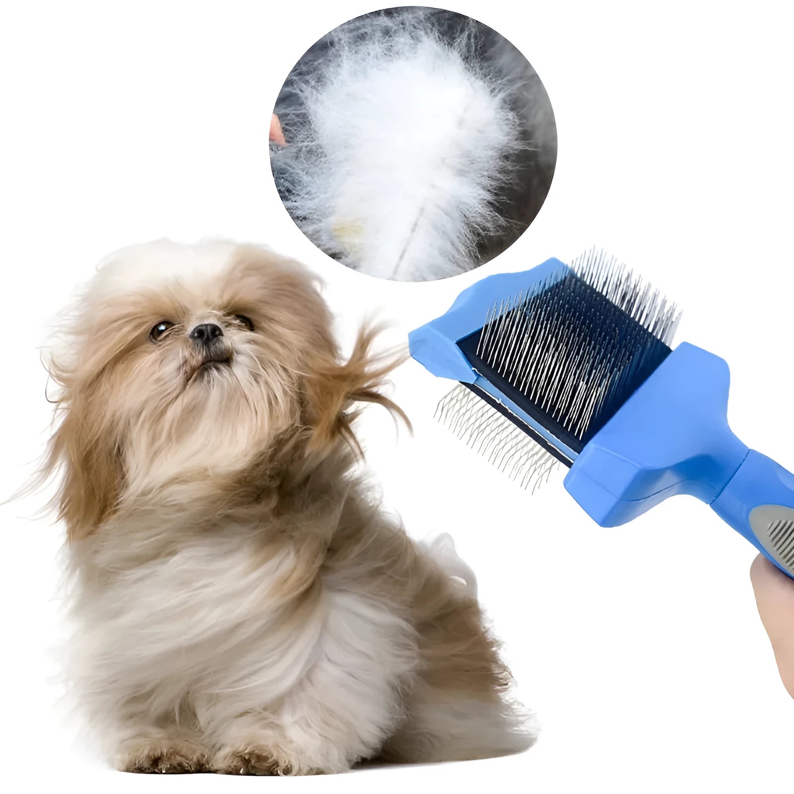 Double-sided pet grooming brush with stainless steel pins and ergonomic handle in blue colour