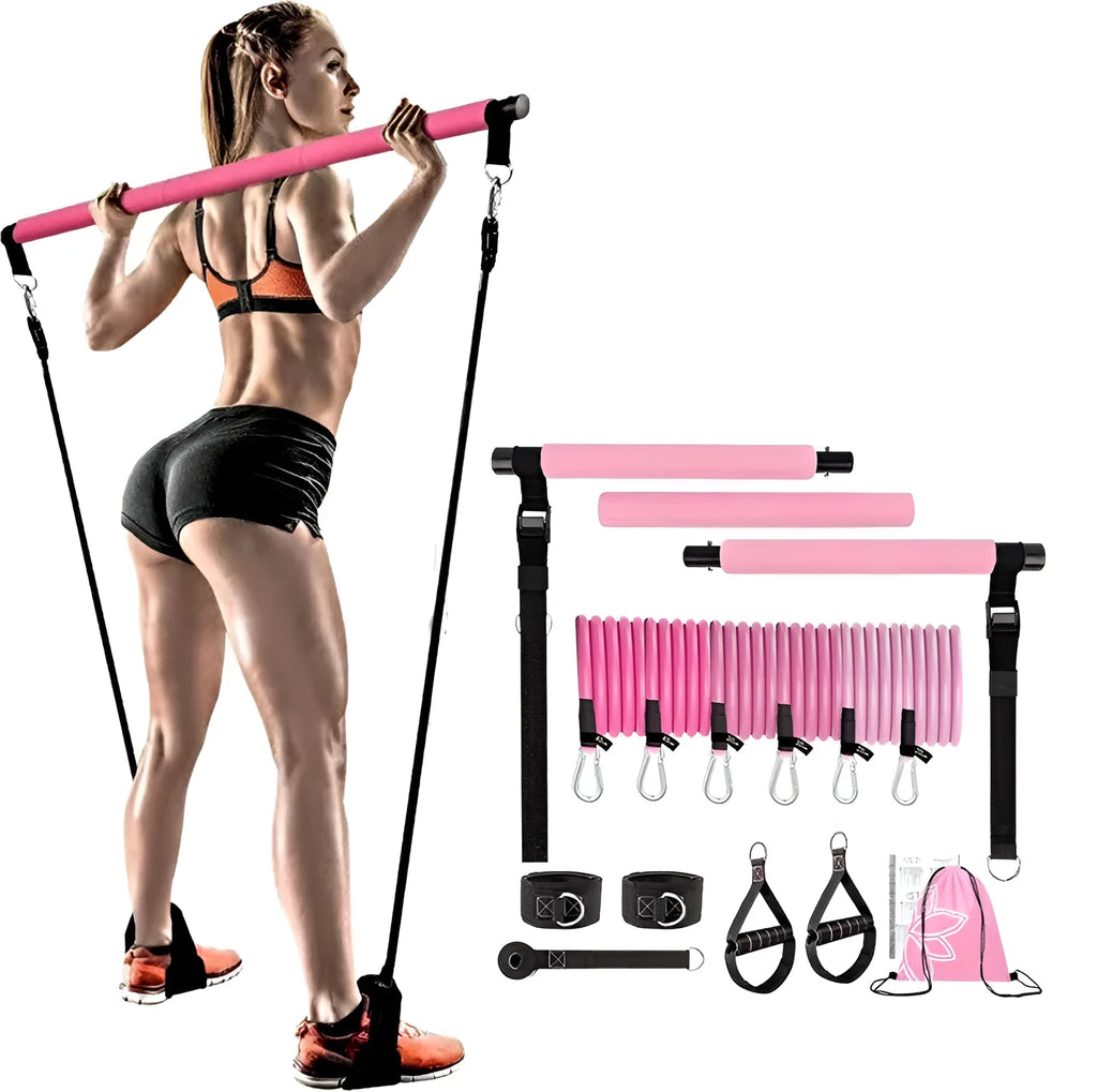 Women's 11-piece TPE resistance stick set in pink, purple, black with 60-180 lbs tension levels
