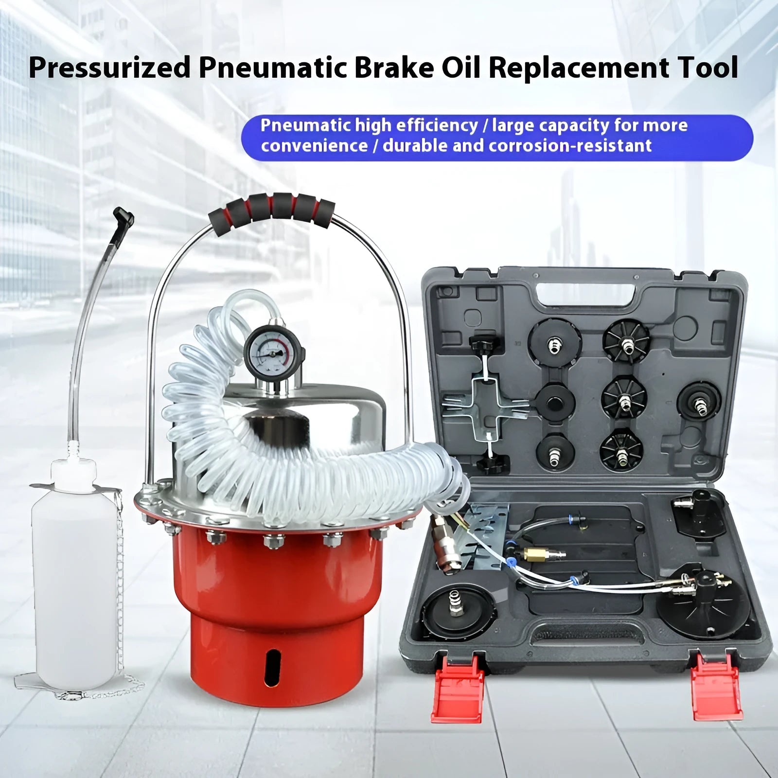 Pneumatic brake fluid replacement machine with large tank, pressure gauge, and regulator on a workshop bench.