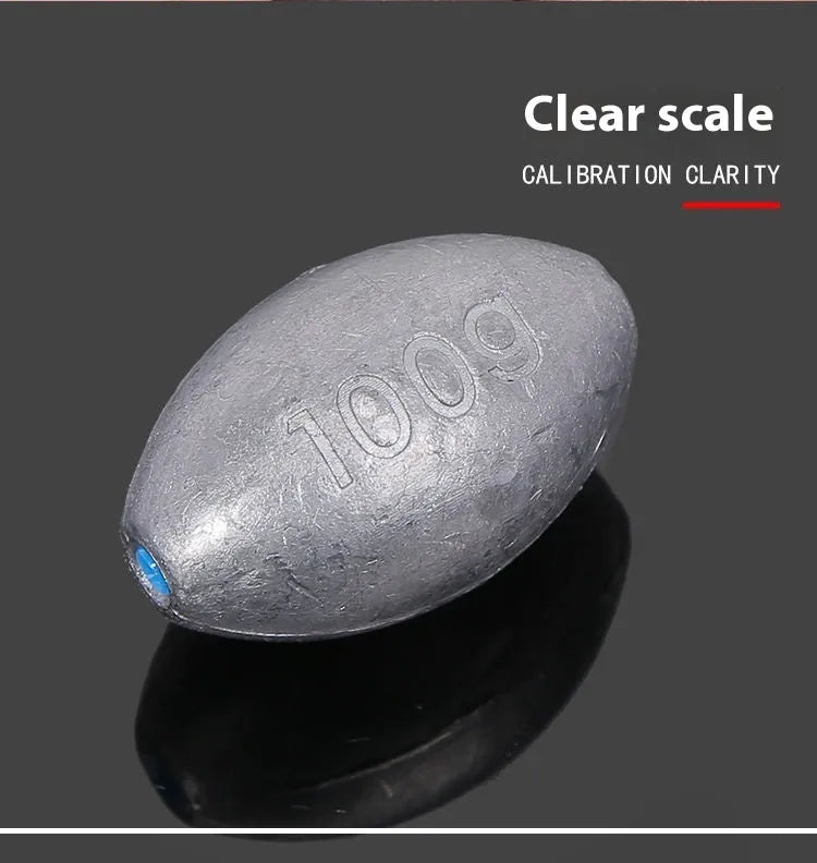 Plastic core olive lead sinker with scale tongxin pattern and rugby shape for sea fishing