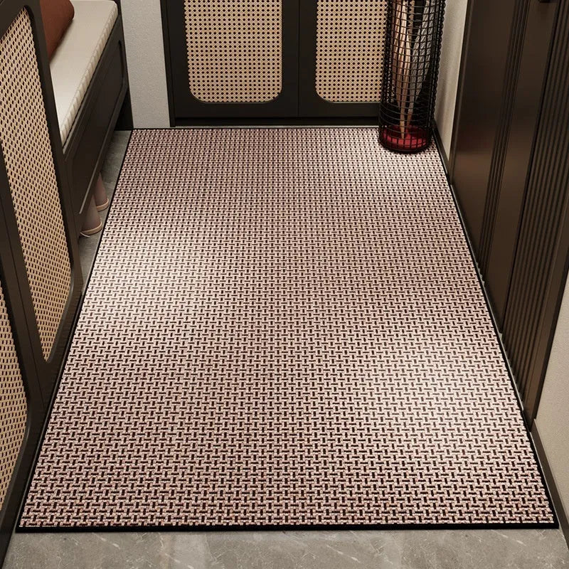 Linen door mat 60x90cm in solid colour with interlacing gray pattern on tiled floor