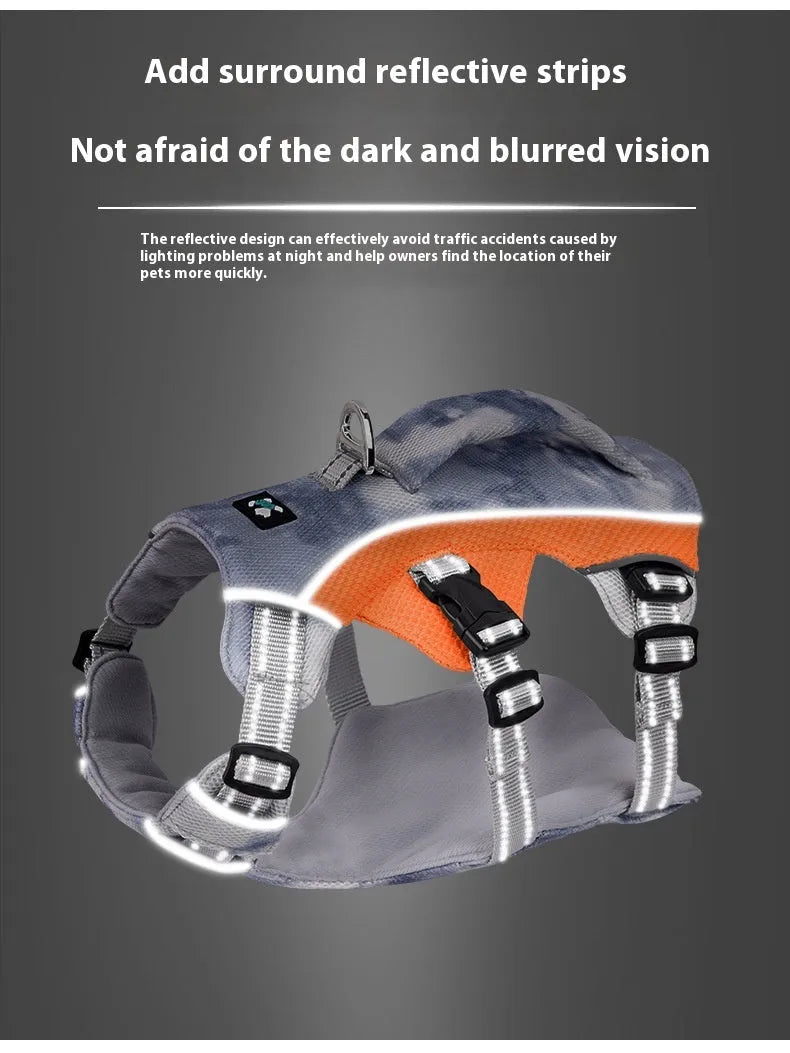 Reflective pet cooling clothes chest strap in light blue, pink, dark blue, and orange colour options