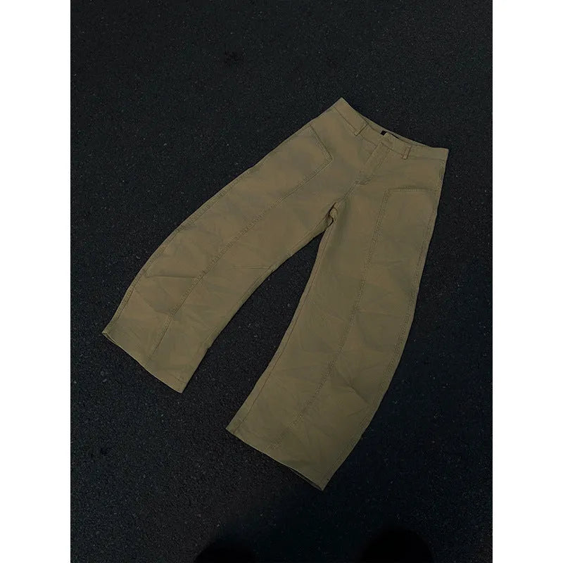 Men's khaki straight-leg casual cotton trousers on a white background.
