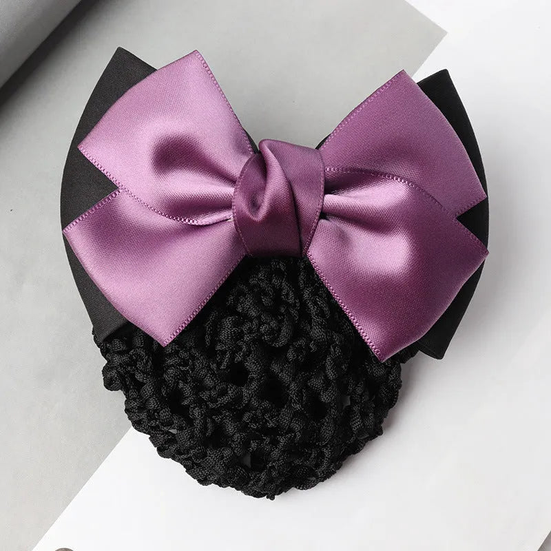 Professional hair clip headdress with flower bow net pocket in multiple colour variations