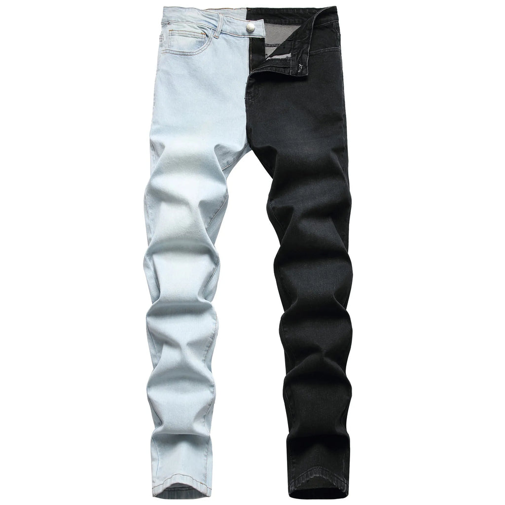 Men's two-colour stretch jeans in light blue and black denim, tight-fitting European style, sizes 30-40