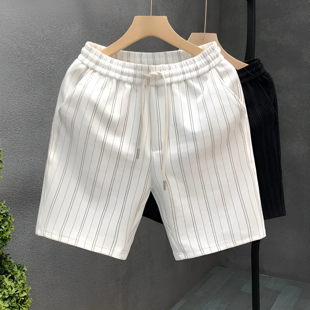 Men's black and white striped fleece-lined casual shorts with double-layer waistband