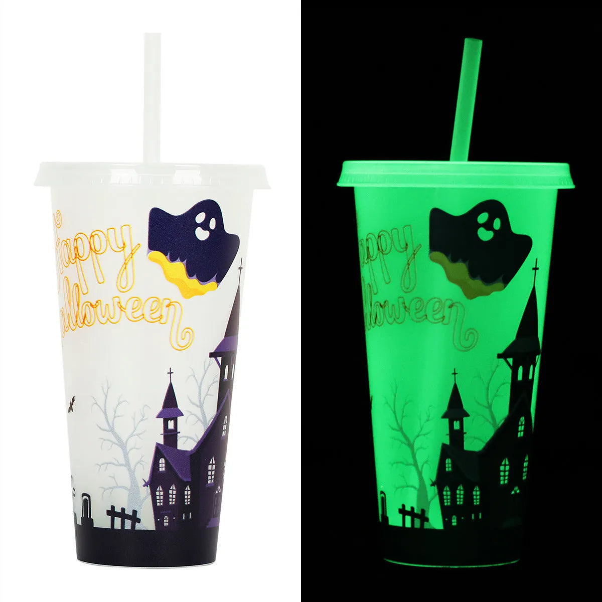 Halloween luminous plastic sippy cup with straw, 720ml capacity, cylindrical shape