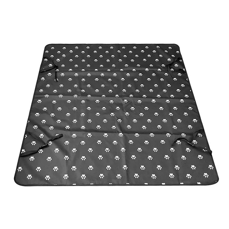Cloth car pet mat for rear seat protection, shown in a dog bone print design on a grey background.