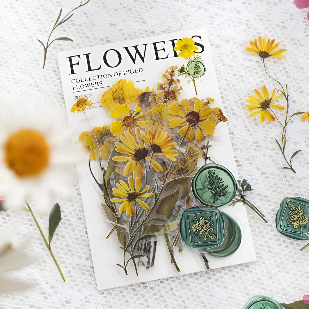 Pack of 40 decorative dried flower design sticker sheets in eight colours including purple, blue, and orange.