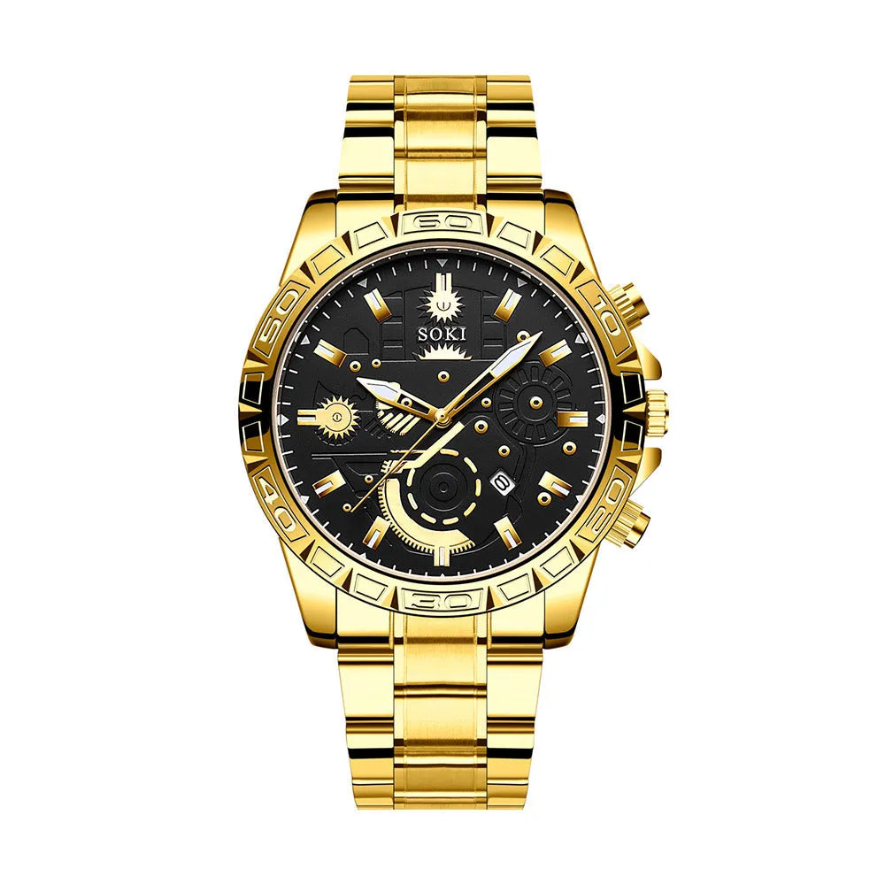 Men's gold business watch with stainless steel strap and calendar display