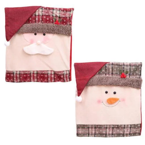 Christmas chair cover set showing Santa Claus and Snowman designs sized 51cm by 48cm with Santa hats measuring 60cm by 50cm