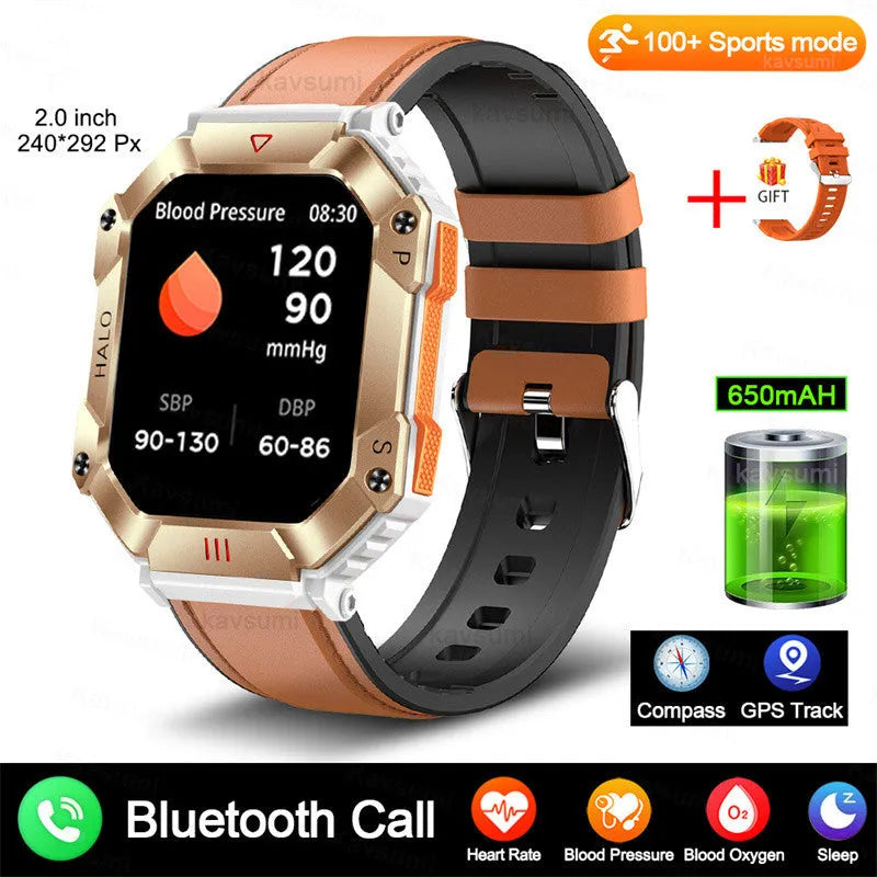 Android smart watch with GPS on wrist, showing titanium alloy case and black camouflage strap.
