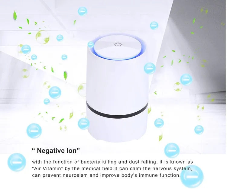 White USB desktop air freshener with anion generator, 125mm diameter, 194mm height, on desk with USB cable