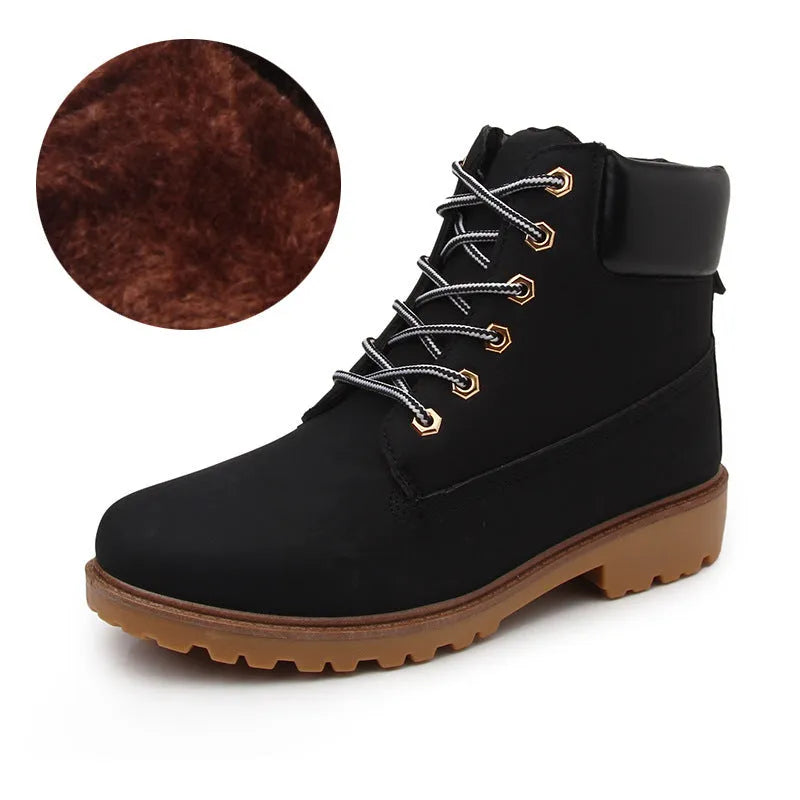 Men's pink high-top Martin boots with velvet lining, round toe, and front lace-up closure on a flat sole.