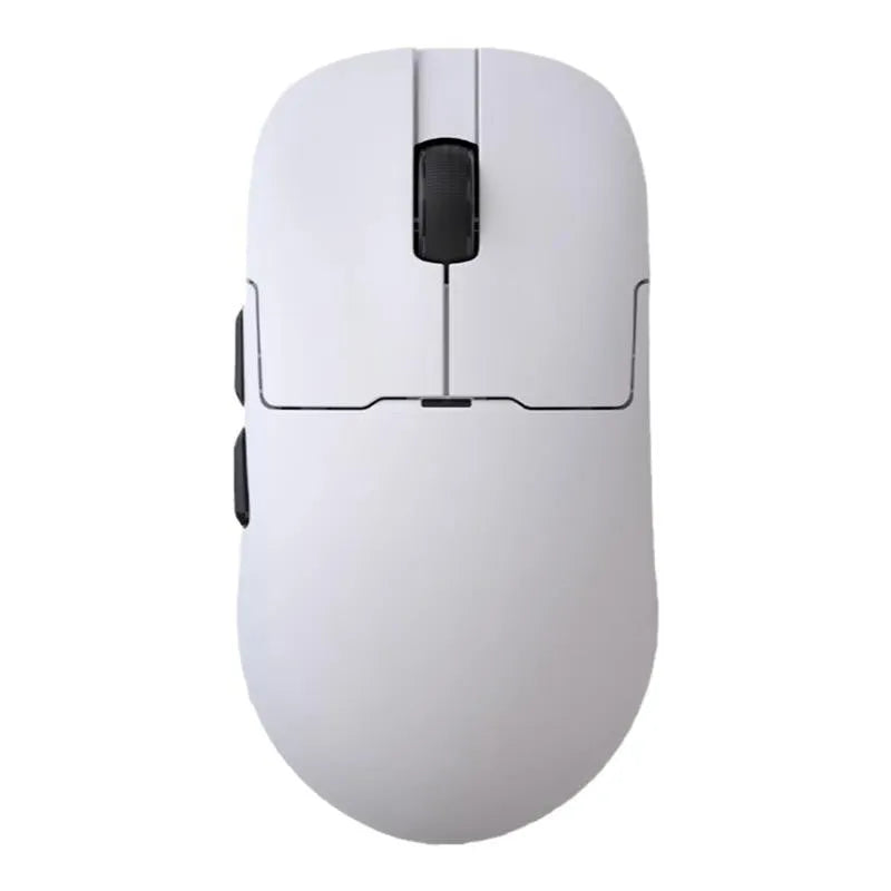 Small white gaming mouse with three connectivity options shown on gaming desk