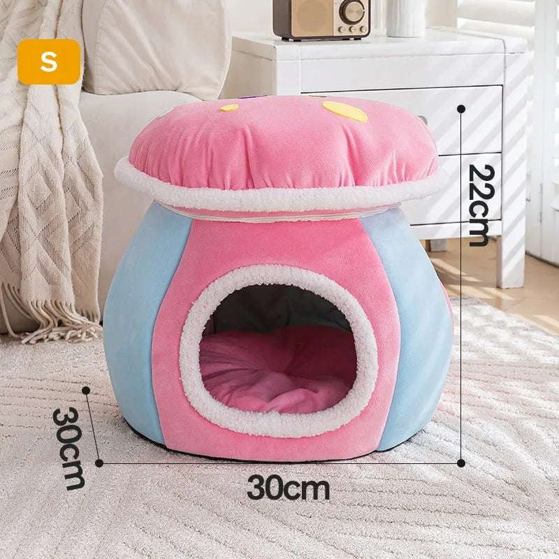Mushroom-shaped plush cat bed in purple, pink, or grey colours