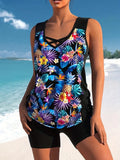 Women's floral lace printed two-piece swimsuit in blue, green or navy blue