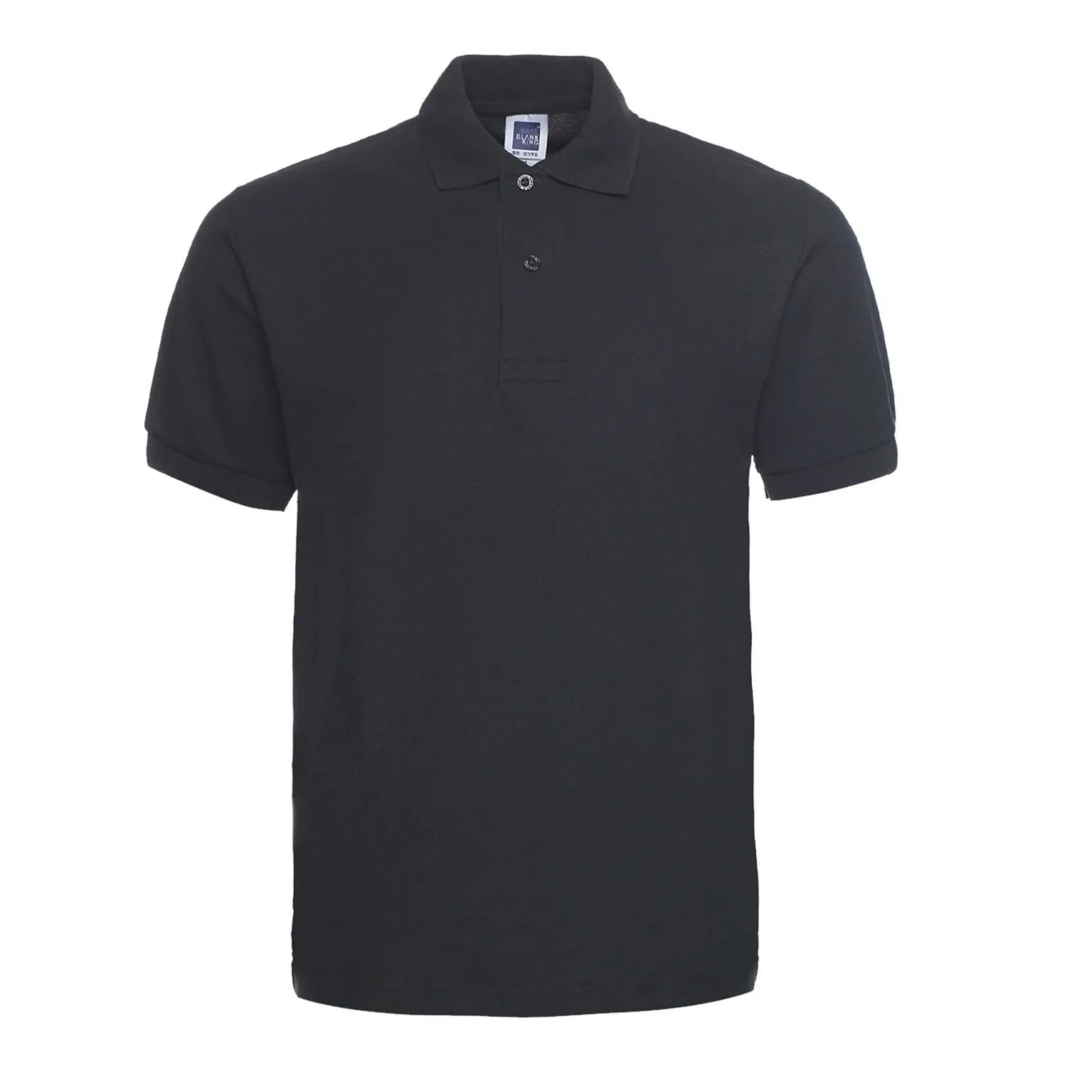 Men's plus size solid colour lapel collar short sleeve polo shirt on a hanger.