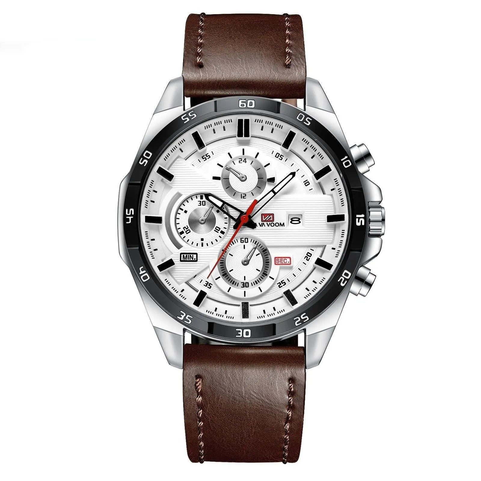 Men's casual quartz watch with leather strap and metal case in various colour combinations