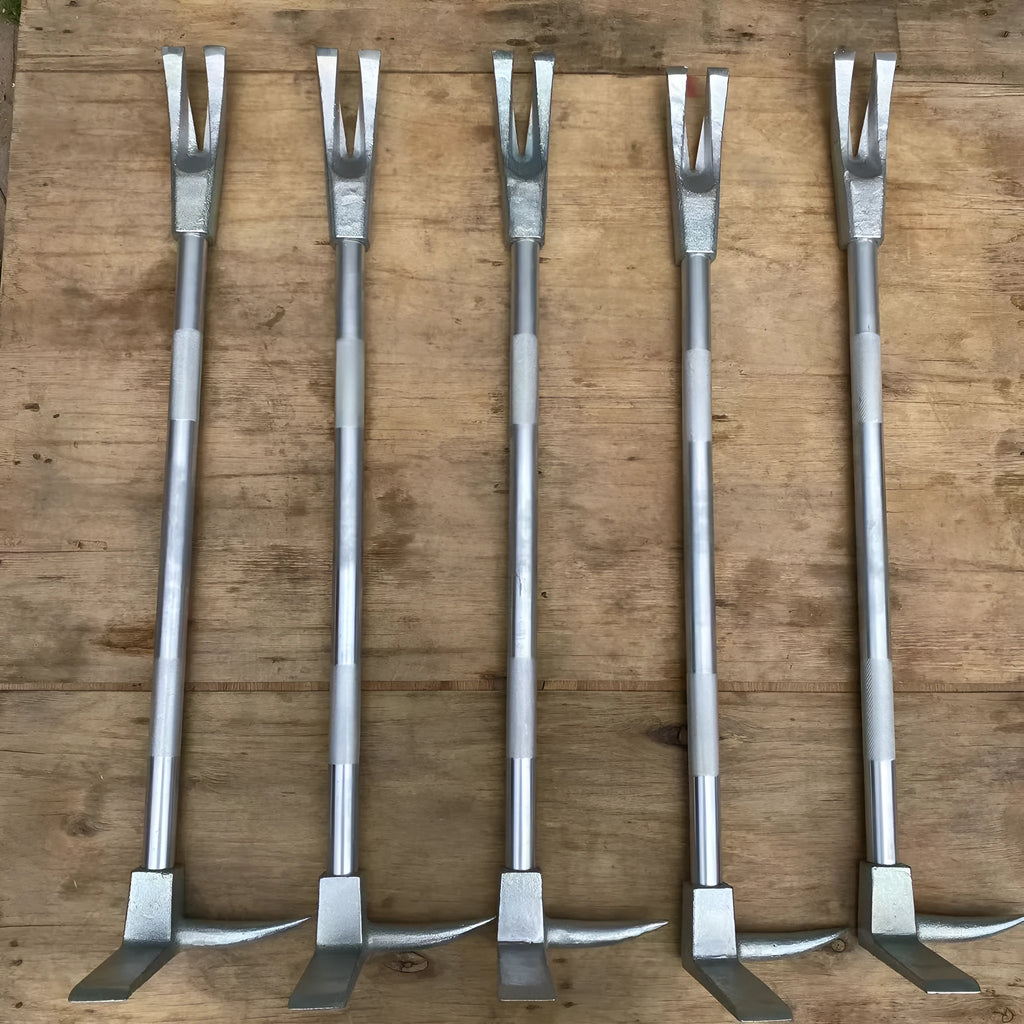 Silver carbon steel wrecking bar 24 inches with iron collar on a dark surface