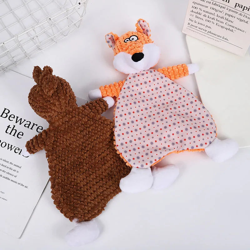 Brown fox-shaped pet stuffed toy with velvet fabric and crinkle paper sounds for cats and dogs