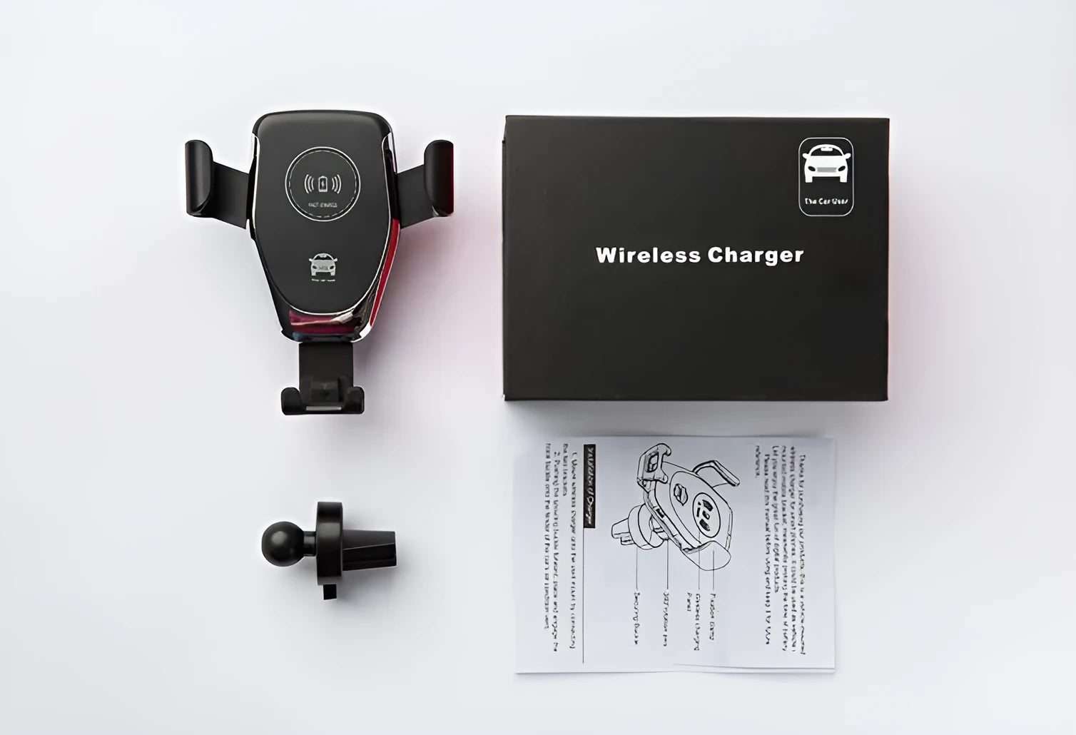 Black car wireless charger mounted on dashboard charging Apple iPhone with automatic clamp arms