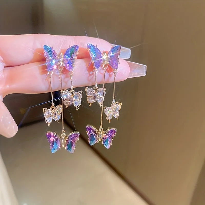 Silver needle blue purple butterfly crystal flower tassel earrings with electroplated alloy construction