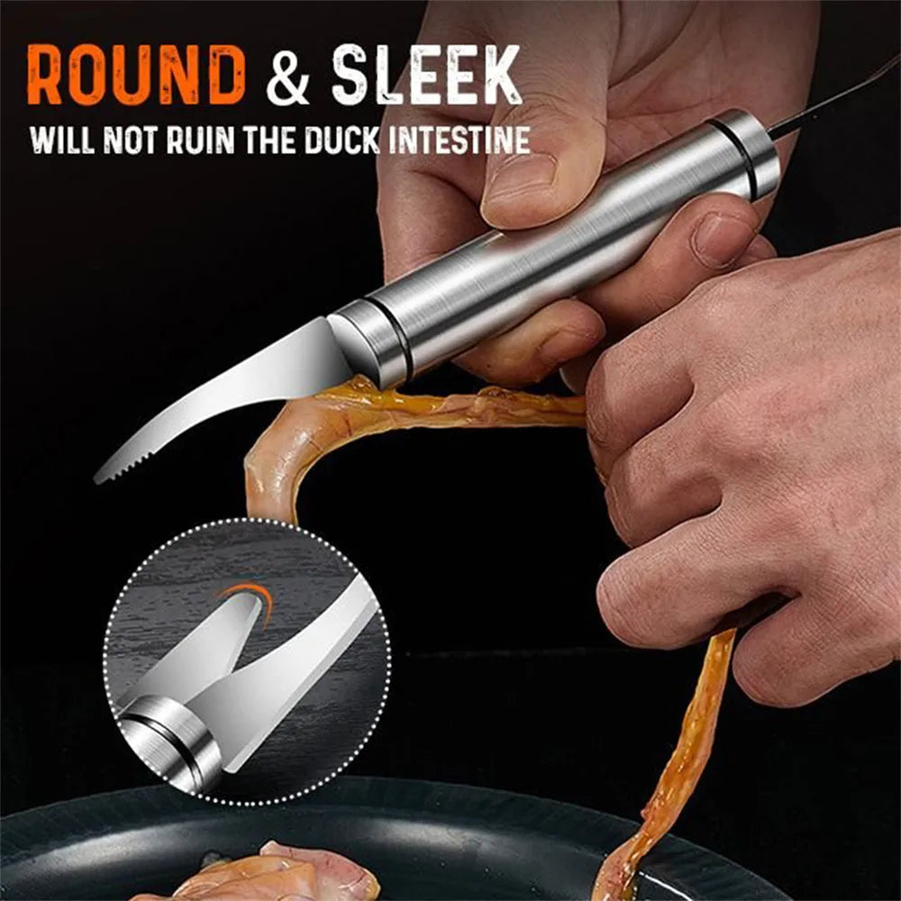 Multifunctional stainless steel shrimp remover with eagle-beak design and double row of blades on a clean surface