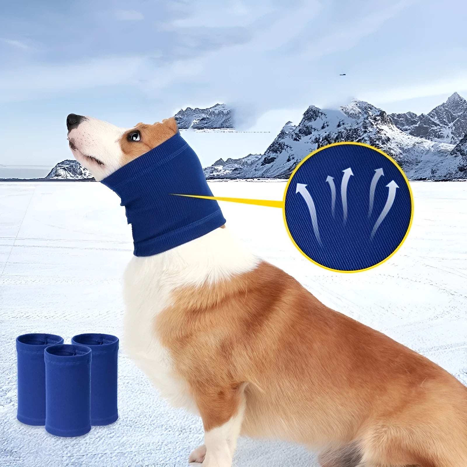 Blue polyester dog headband scarf shown on a model dog, with grey colour option and S/M/L size labels visible.