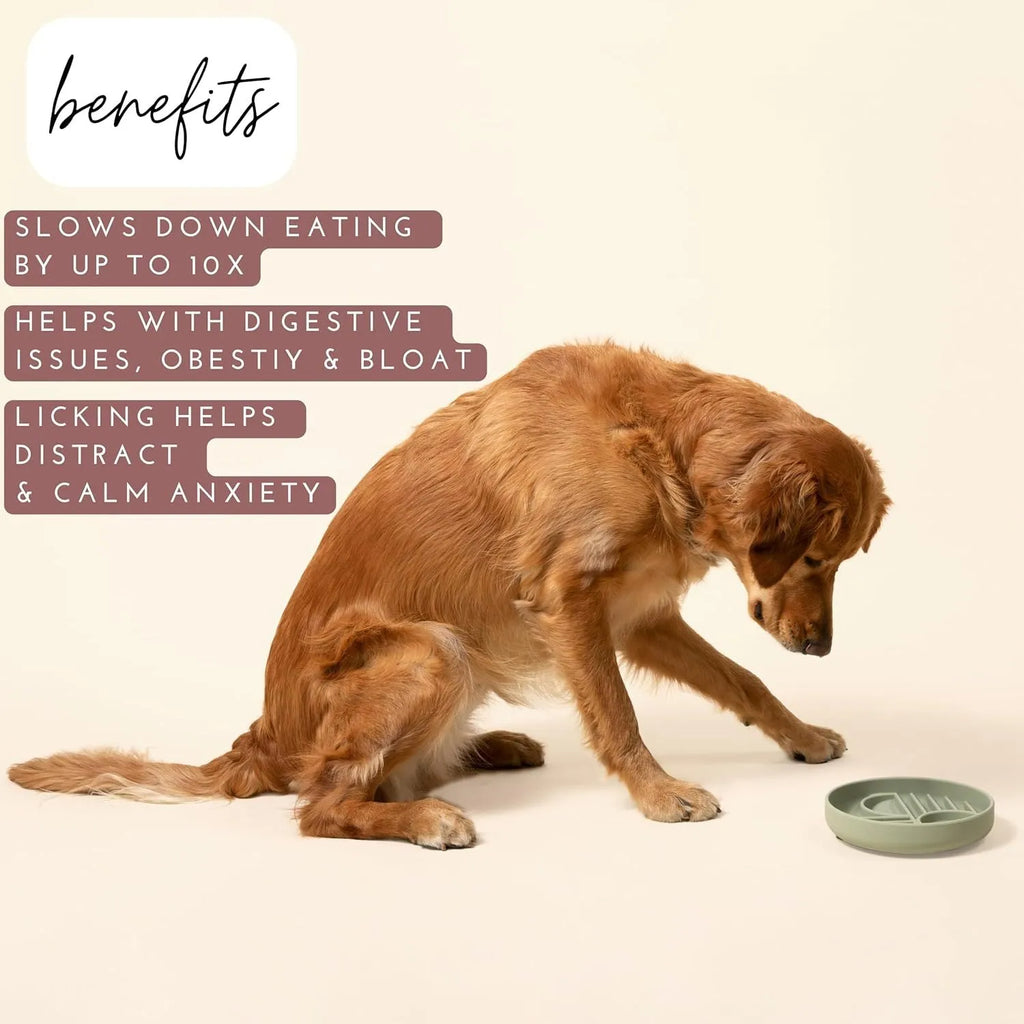 Silicone dog slow feeder bowl with ridges, shown in mustard green colour