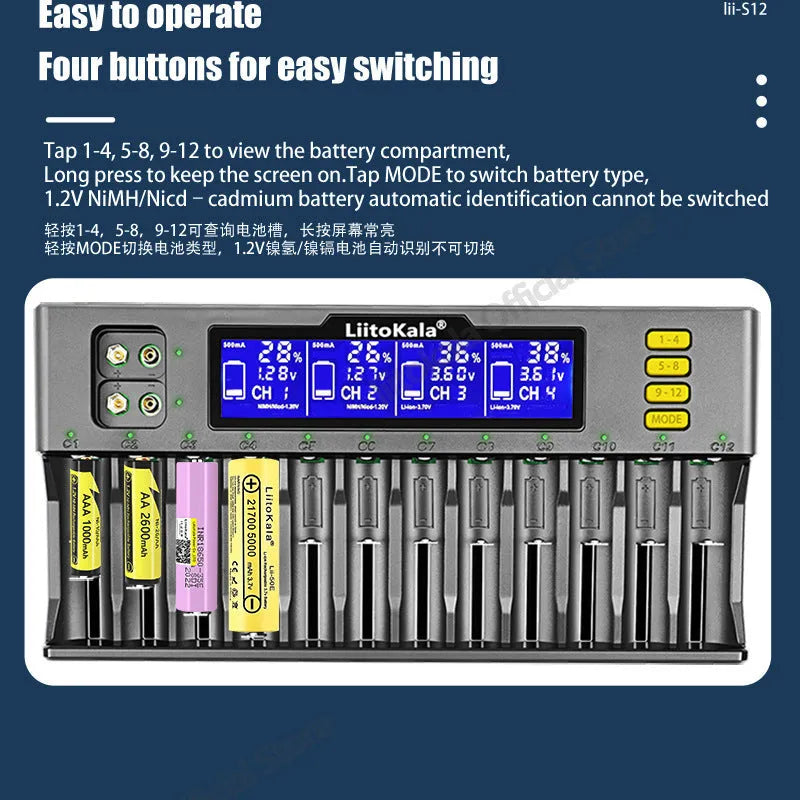 LiitoKala Lii-S12 12-slot LCD battery charger black with 12 batteries inserted on display