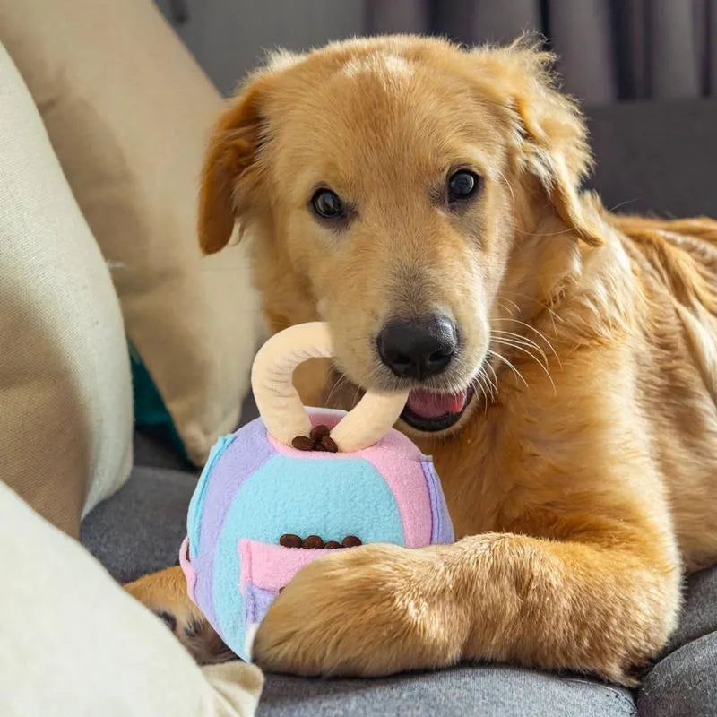 Green and pink dog plush ball toy with treat pockets and squeaker for small medium breeds