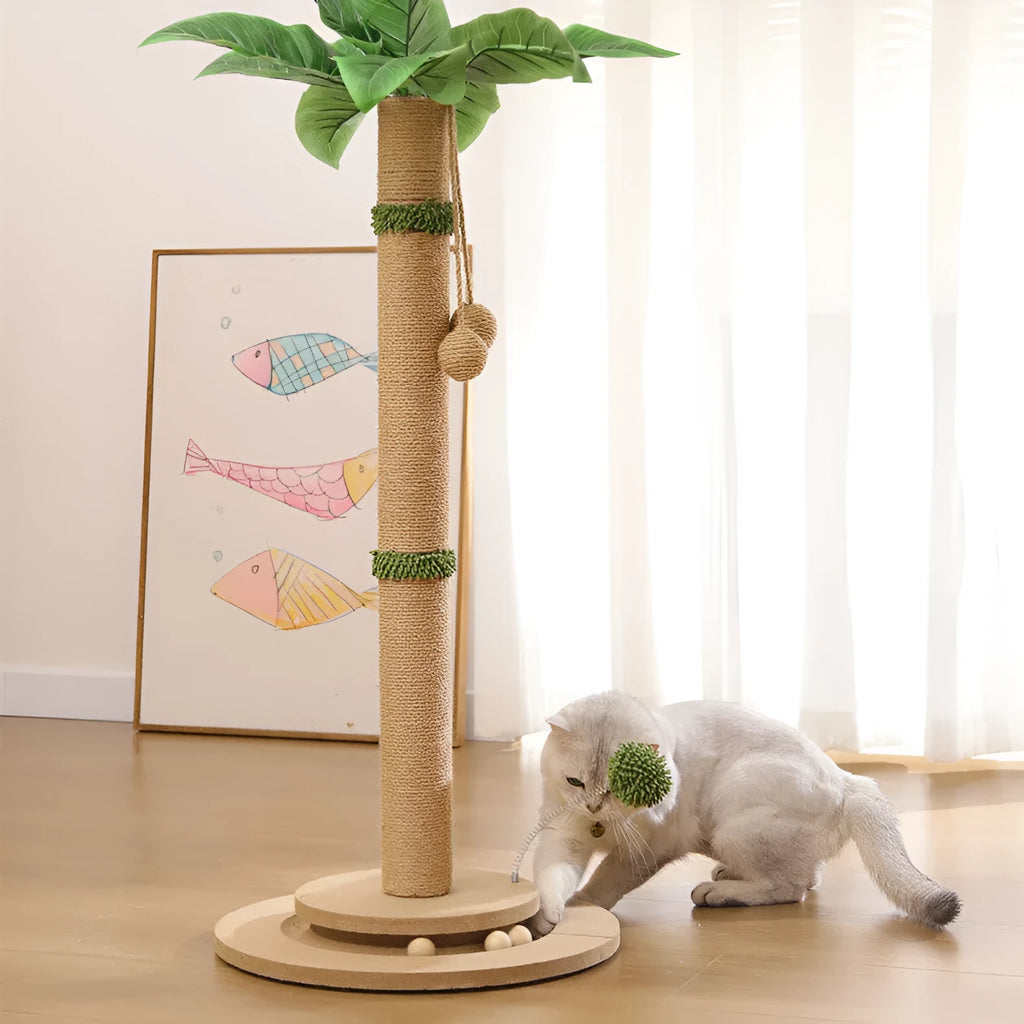 Vertical cat climbing frame with hemp rope wrapped around a density board core and chamfered grab columns.