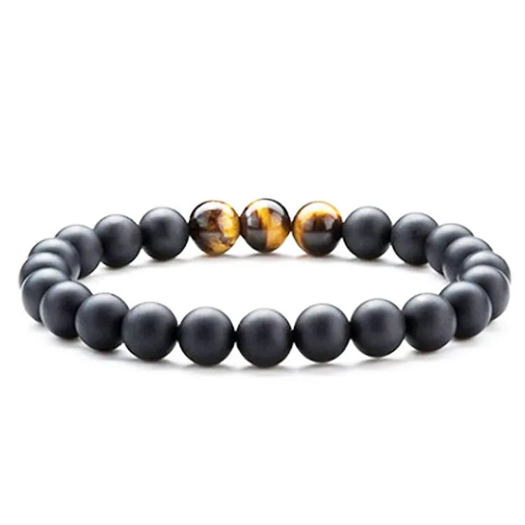 Tiger Eye agate couple bracelets with geometric beads in matte black finish