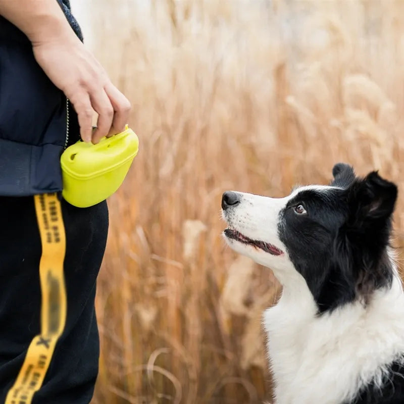 A silicone dog training treat pouch with a clip and magnetic closure, shown in one of six colour options.