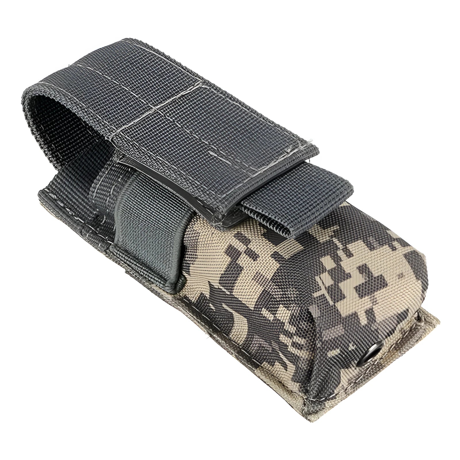 Black tactical Molle waist pouch with elastic cord buckle, shown attached to a belt.
