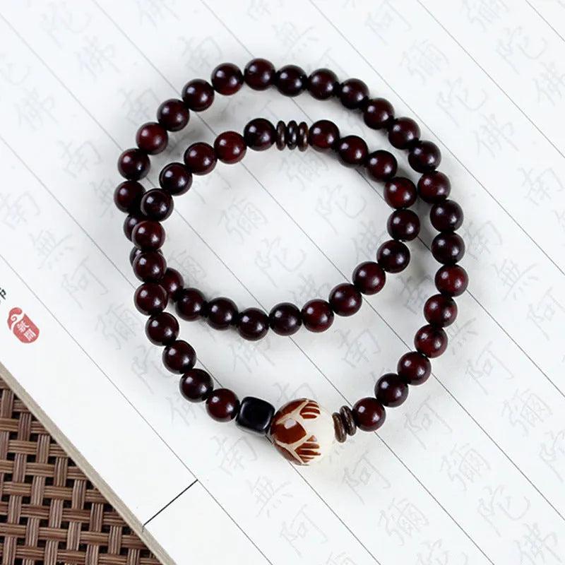Natural rosewood double-ring bracelet with 10mm flower-shaped beads and hand-knitted construction