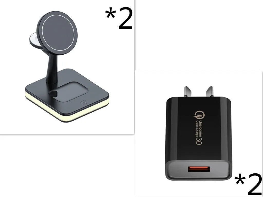 3-in-1 wireless charger magnetic bracket charging smartphone, watch, and earbuds on a desk