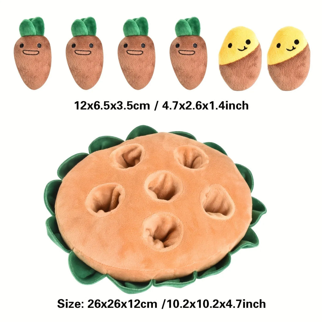 Yellow interactive dog puzzle feeding pad with removable squeaky plush toys for foraging games