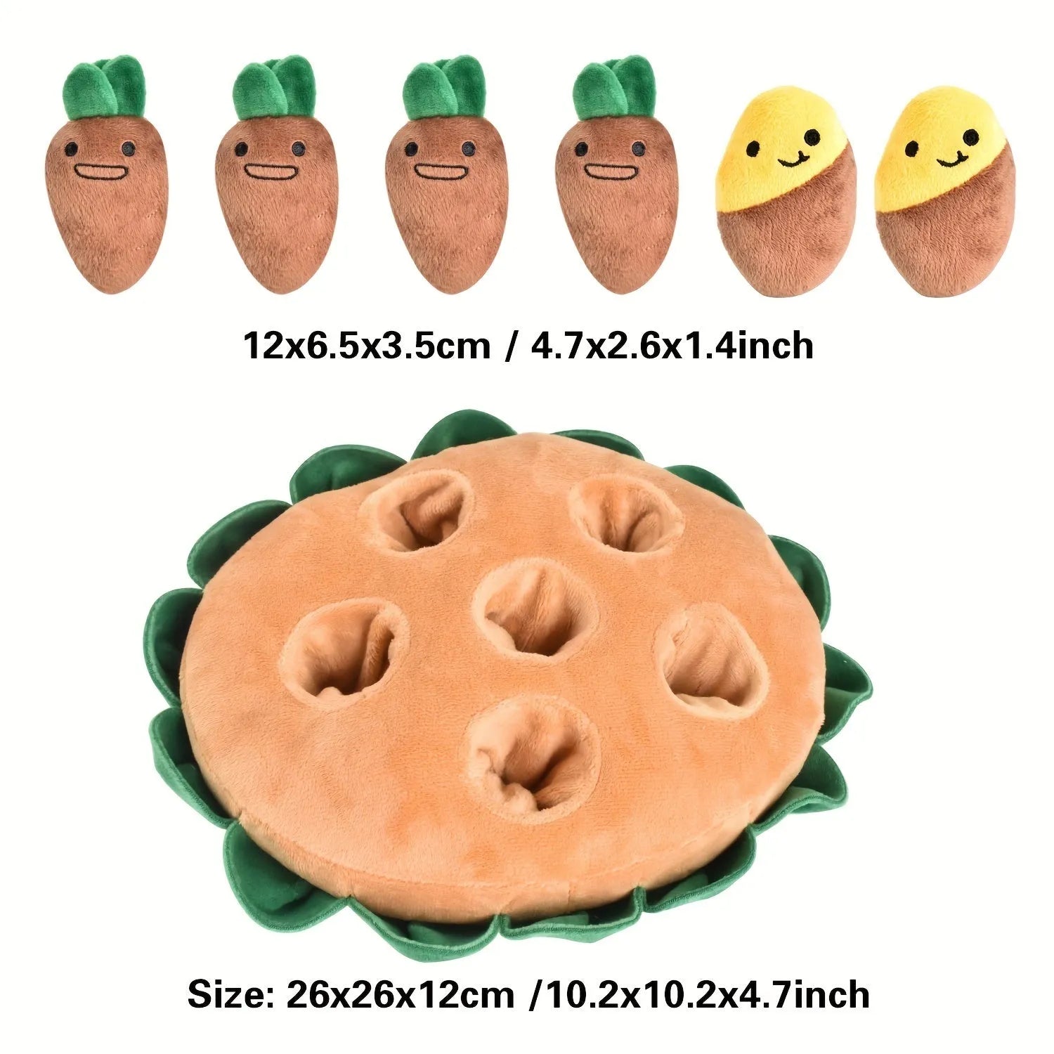 Yellow interactive dog puzzle feeding pad with removable squeaky plush toys for foraging games